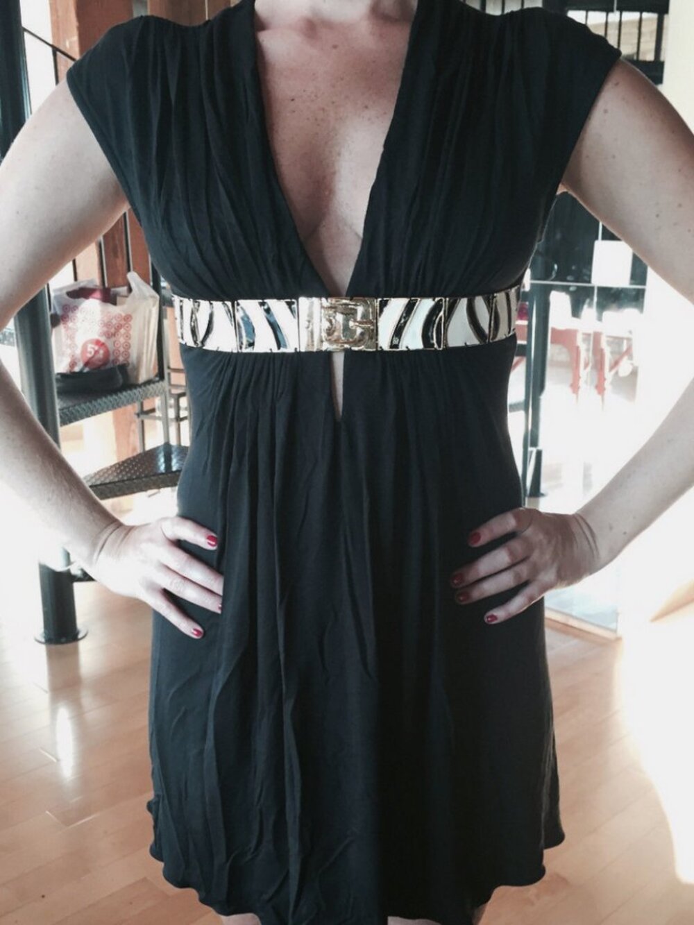 SKY Women's Black Mini Dress Zebra Metal Waist 'Faux' Belt Size Med NEW Vintage